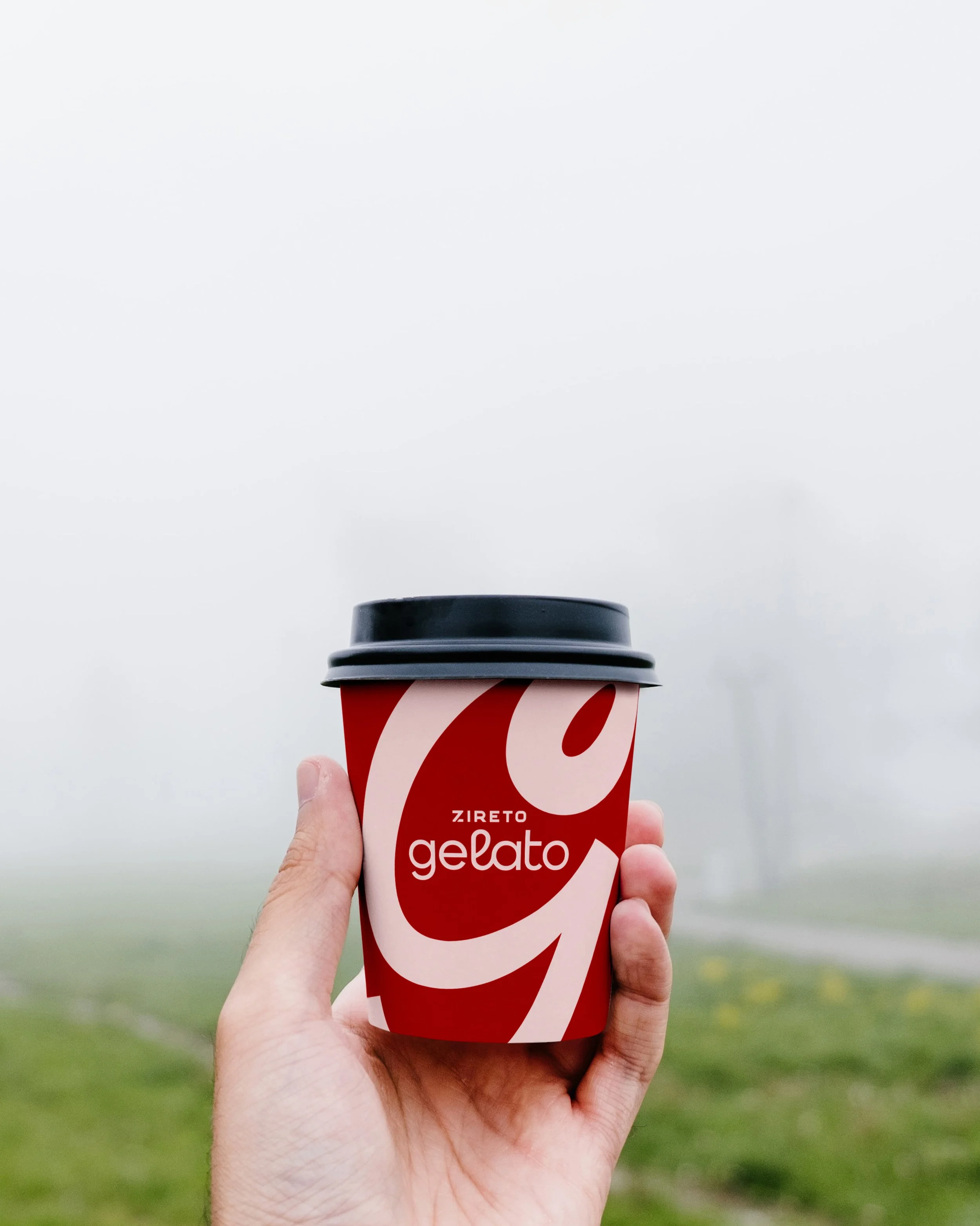 A person holds a red and white cup of gelato with the brand name 'gelato' in front of a blurred green outdoor background.