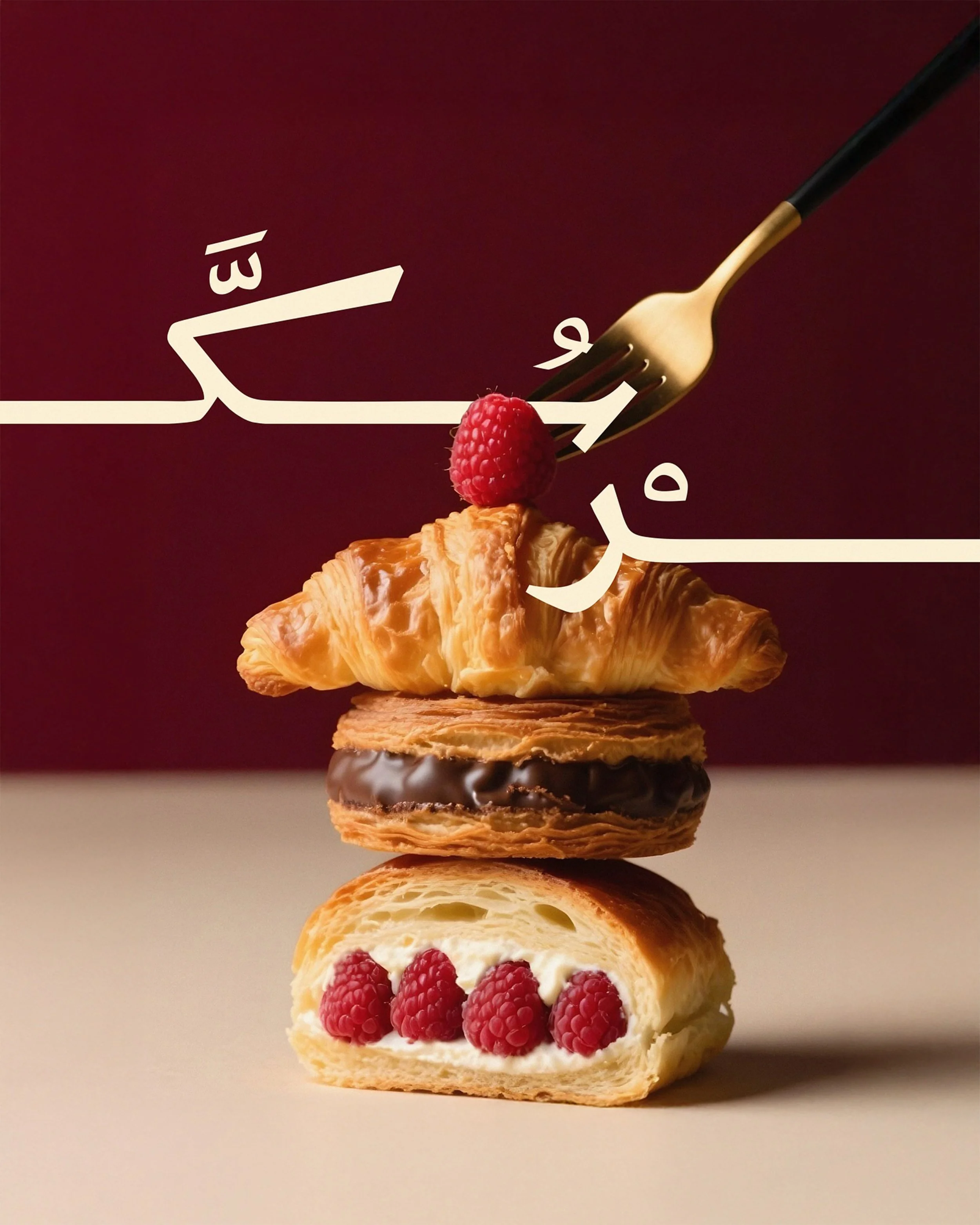 A layered pastry dessert with a bottom layer of sponge cake topped with raspberries, a cream layer, a middle layer with more raspberries, another cream layer, a layer of puff pastry, a chocolate-covered biscuit, a layer of puff pastry, a cream layer,