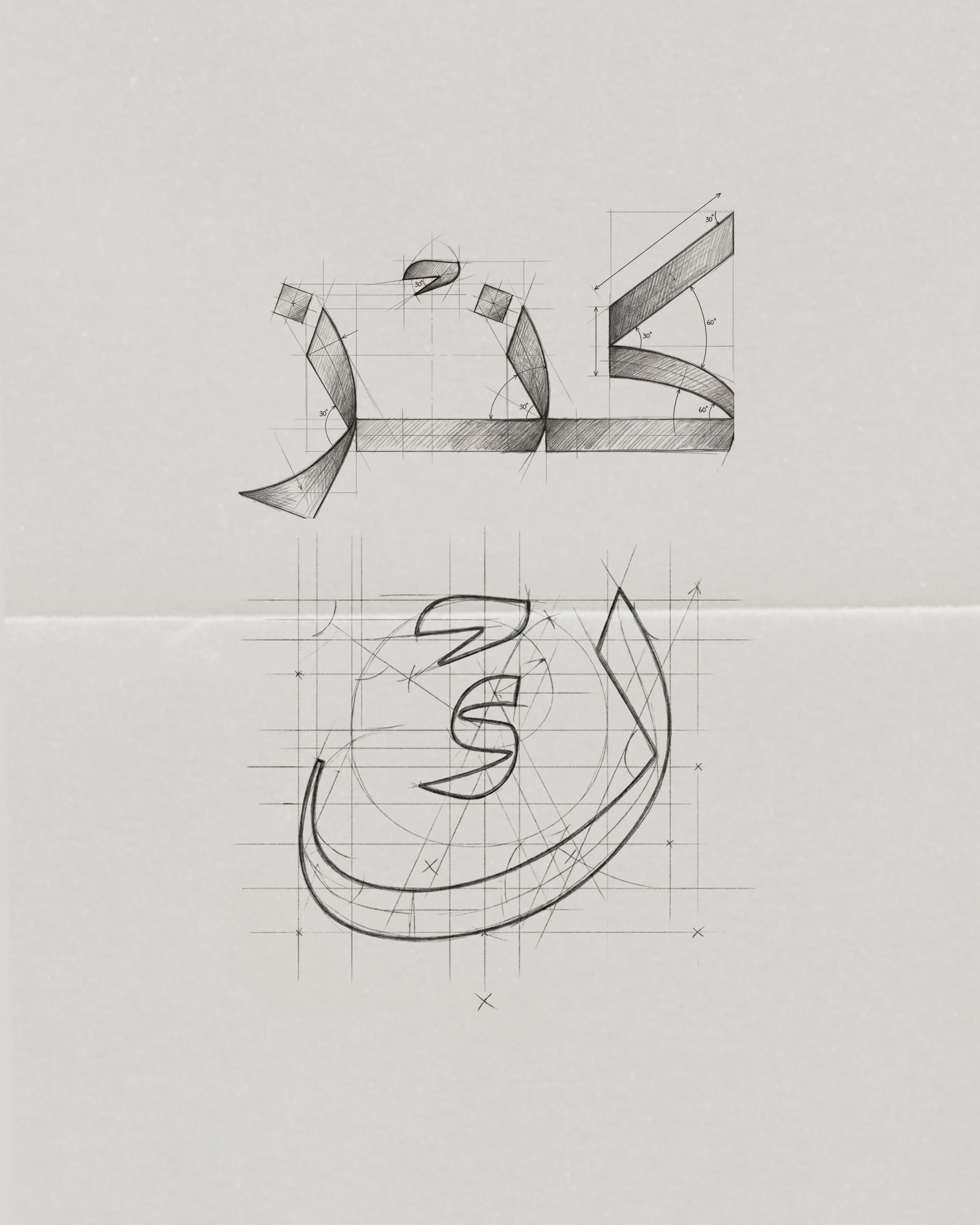 Technical drawing sketch of a logo design, featuring geometric shapes, lines, angles, and a helix, with measurements and construction lines visible.