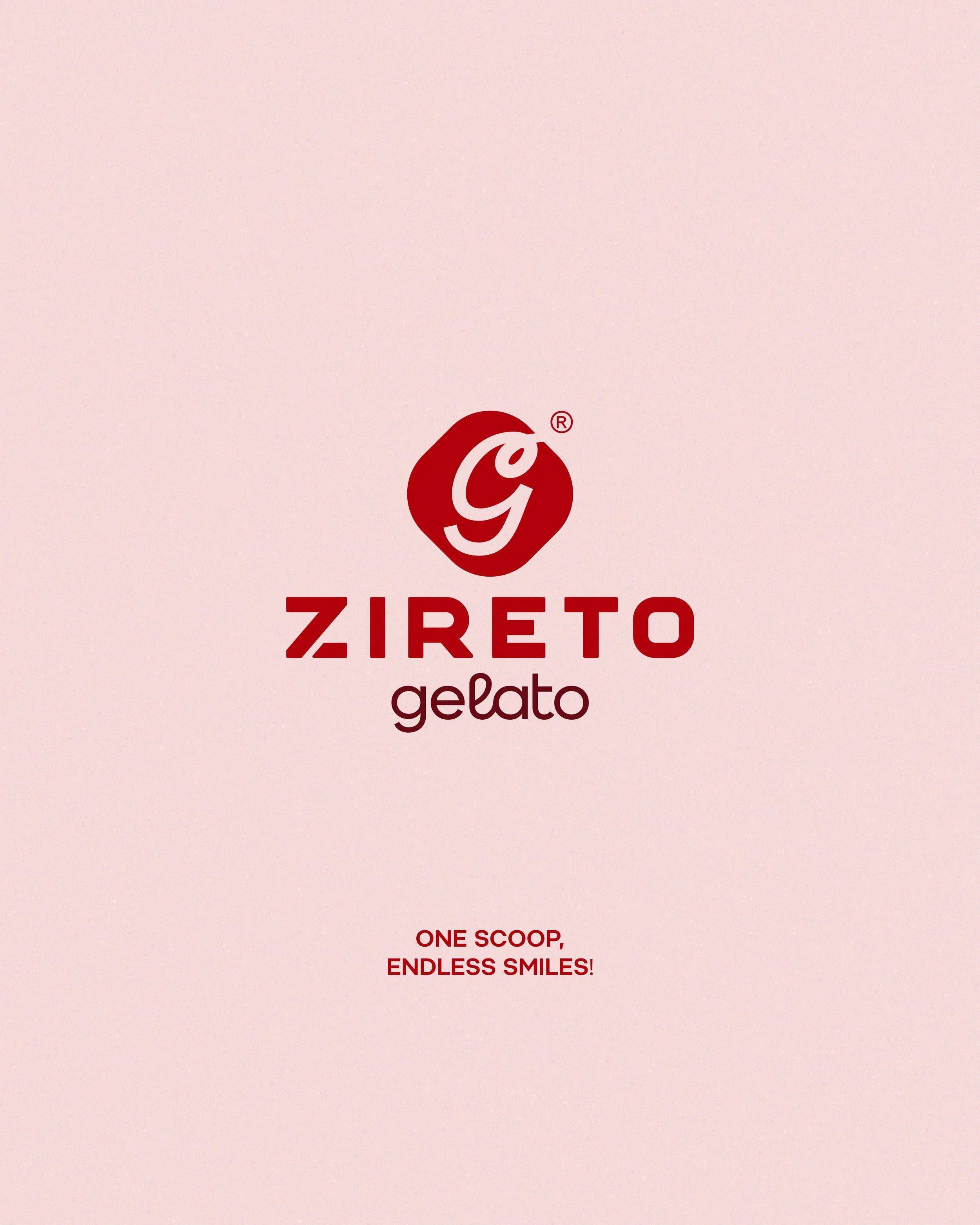 Zireto Gelato logo with red graphic and text, tagline 'One scoop, endless smiles!' on a light pink background.