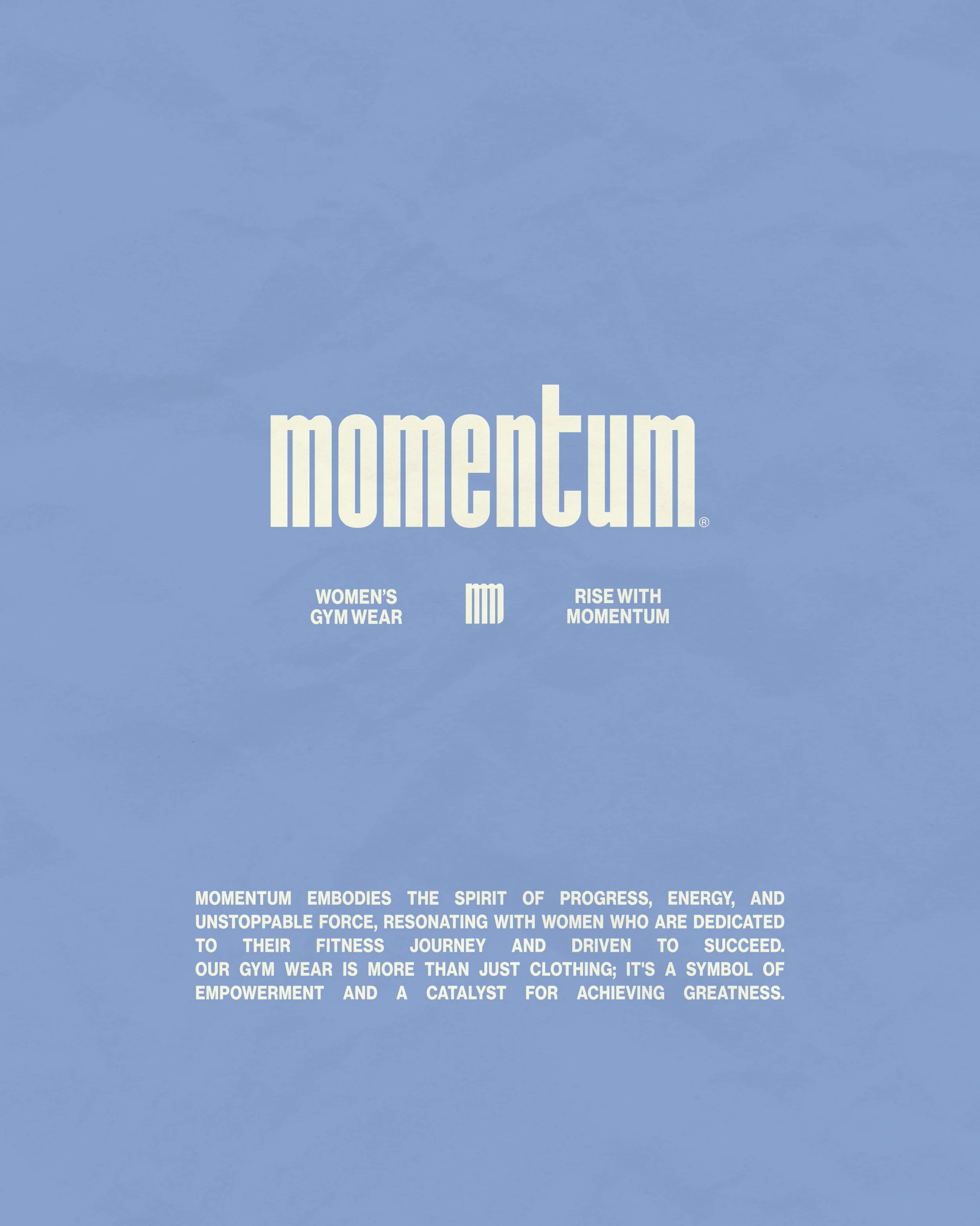 Blue background with large white text that says "momentum" and smaller white text underneath that emphasizes women's gym wear, energy, and progress.
