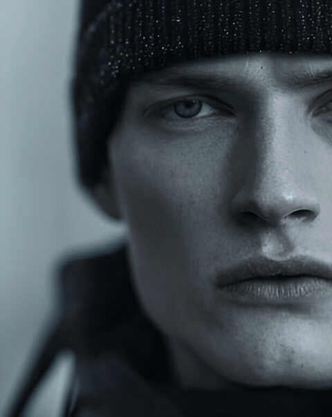 Close-up of a young man with a beanie and serious expression.