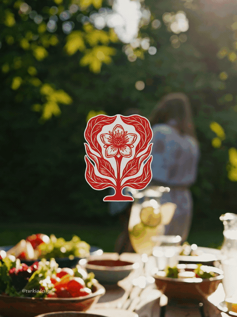 A woman standing outdoors with sunlight filtering through trees, with a picnic table set with bowls of salad and drinks in the foreground