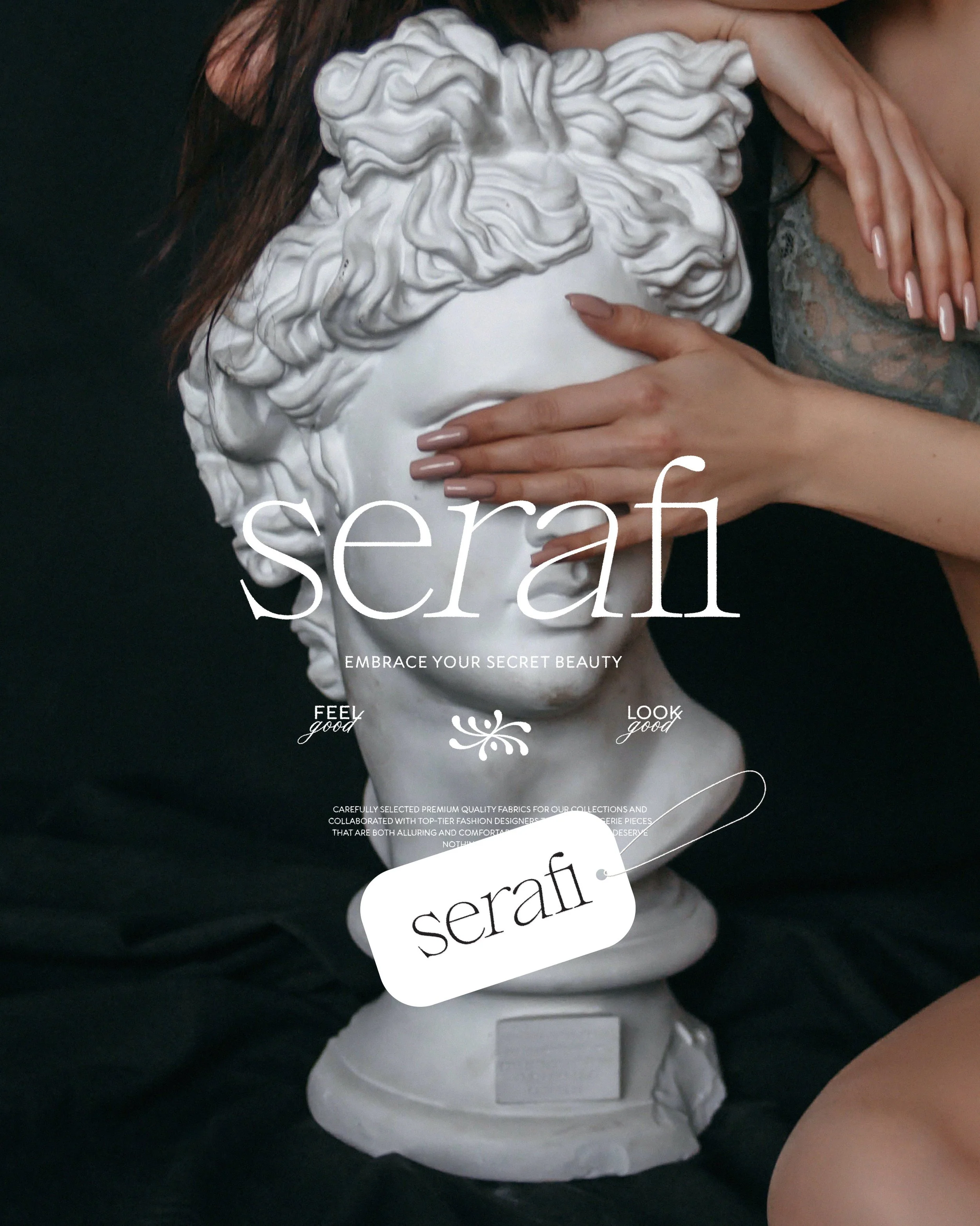 Close-up of a white plaster bust sculpture of a bearded man, with a woman’s hands and arms gently touching the sculpture, and the word 'serafi' written on a tag.