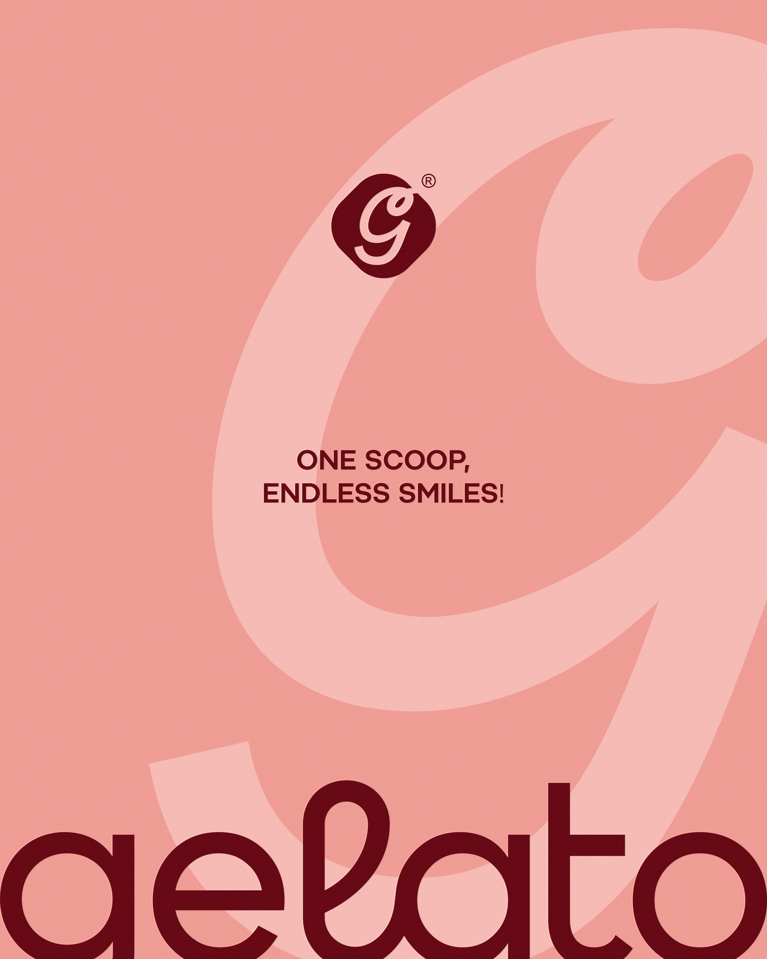 A pink background with abstract shapes and a logo featuring a stylized lowercase 'g' in a dark circle. The text below reads "ONE SCOOP, ENDLESS SMILES!" in bold, dark letters.