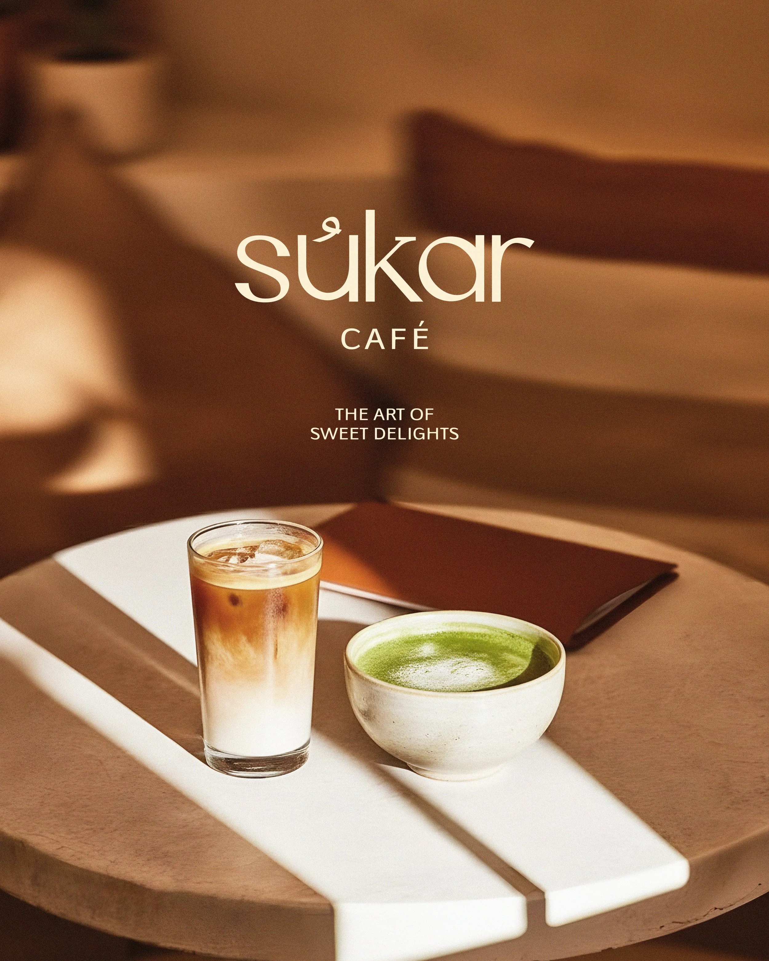 A glass of iced coffee, a bowl of matcha tea, and a cup of coffee on a white tray.