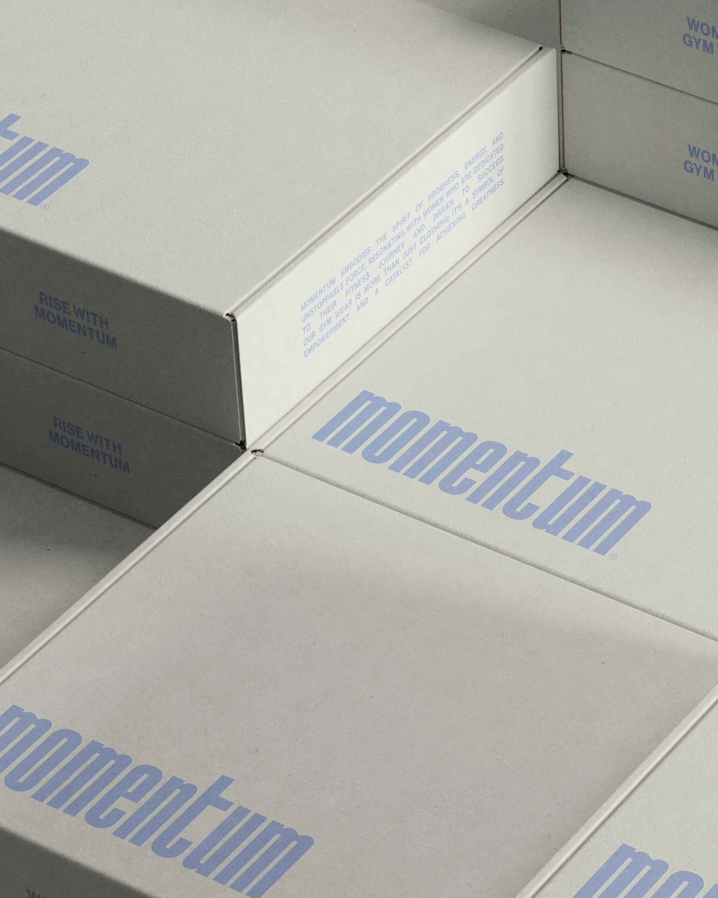 Close-up of stacked boxes with blue text that reads 'RISE WITH MOMENTUM' and a quote about embodying the spirit of progress, energy, and achievement for women.