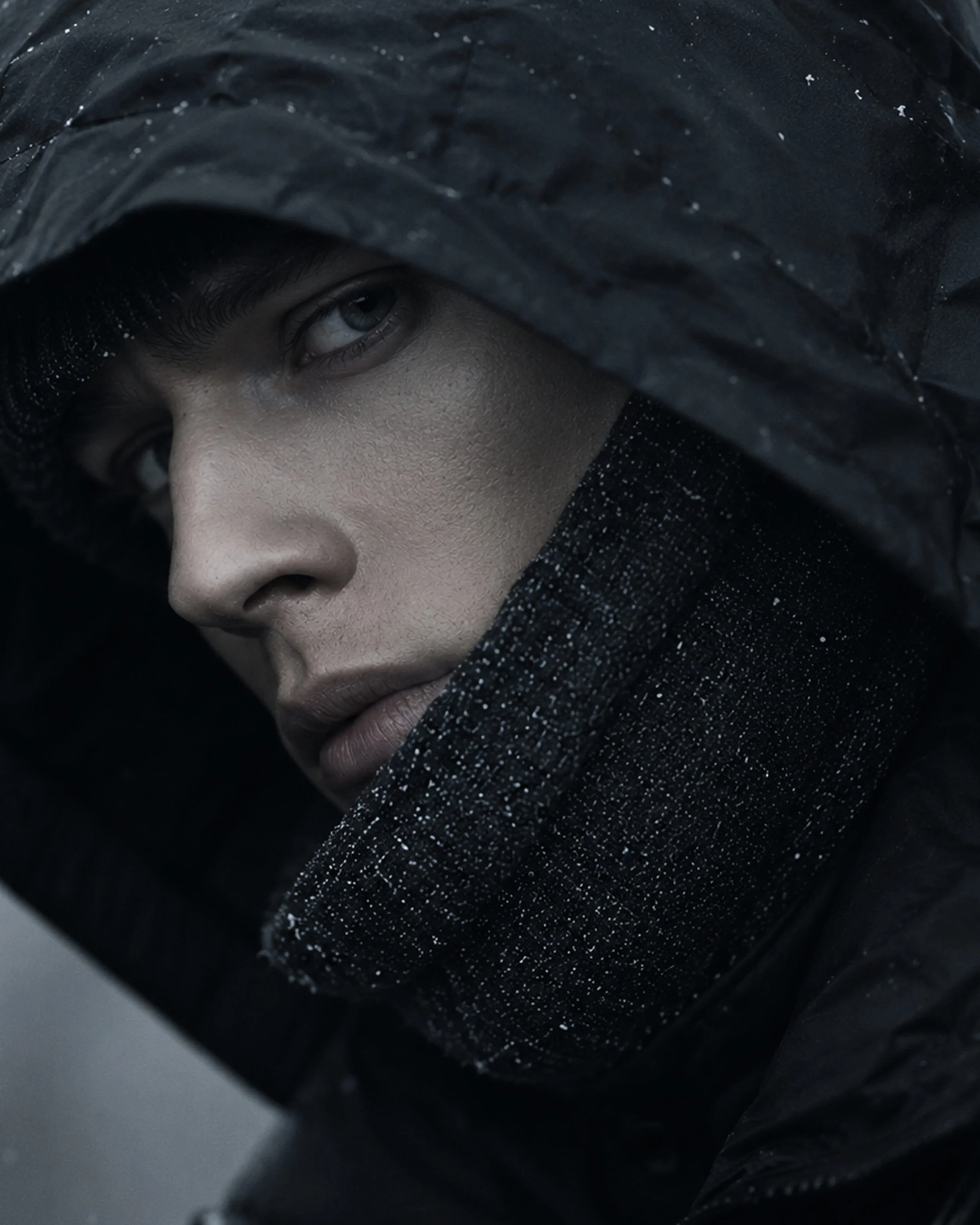 Close-up of a person's face partially covered by a hood and dark clothing, with only one eye visible, looking intensely.