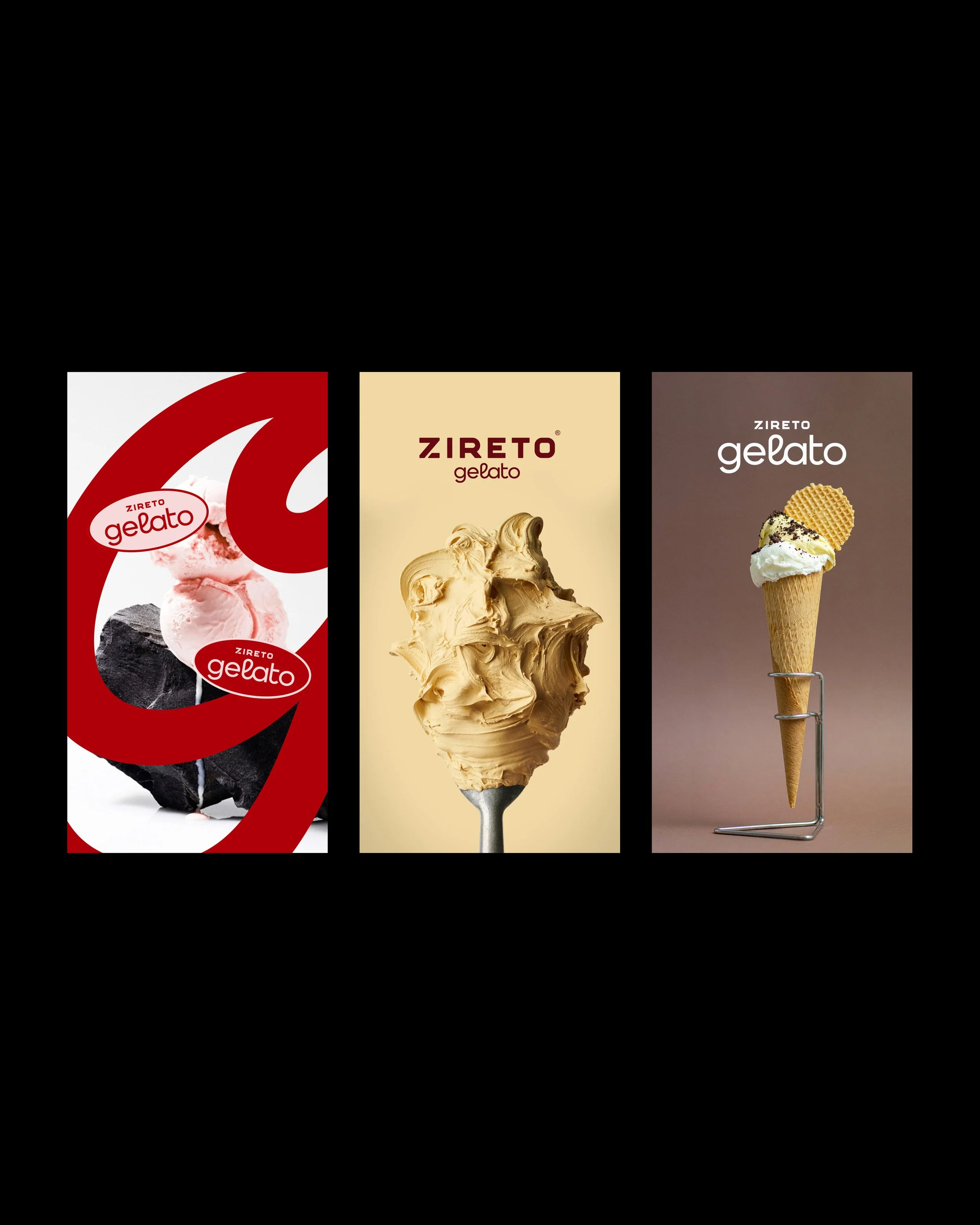 Three ice cream gelato packages with different flavors, including a scoop of gelato in a cone, against a black background.