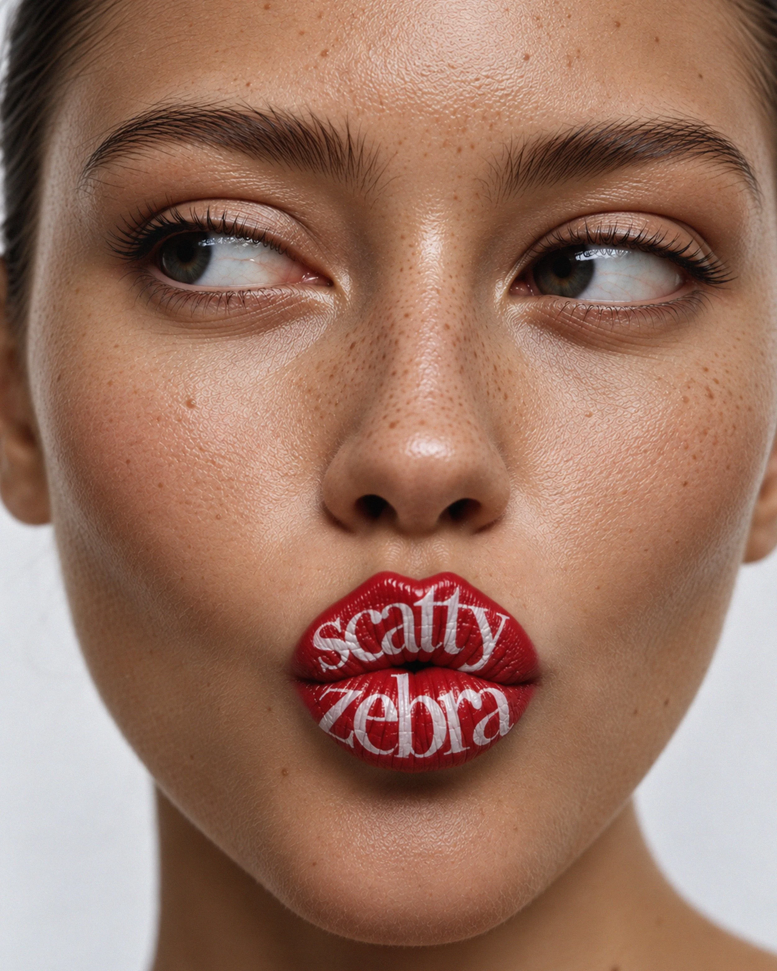 Close-up of a woman’s face with red lips that have white text, saying 'scattyzebra' , written in white. The woman has light skin, freckles, and makeup on her eyes.