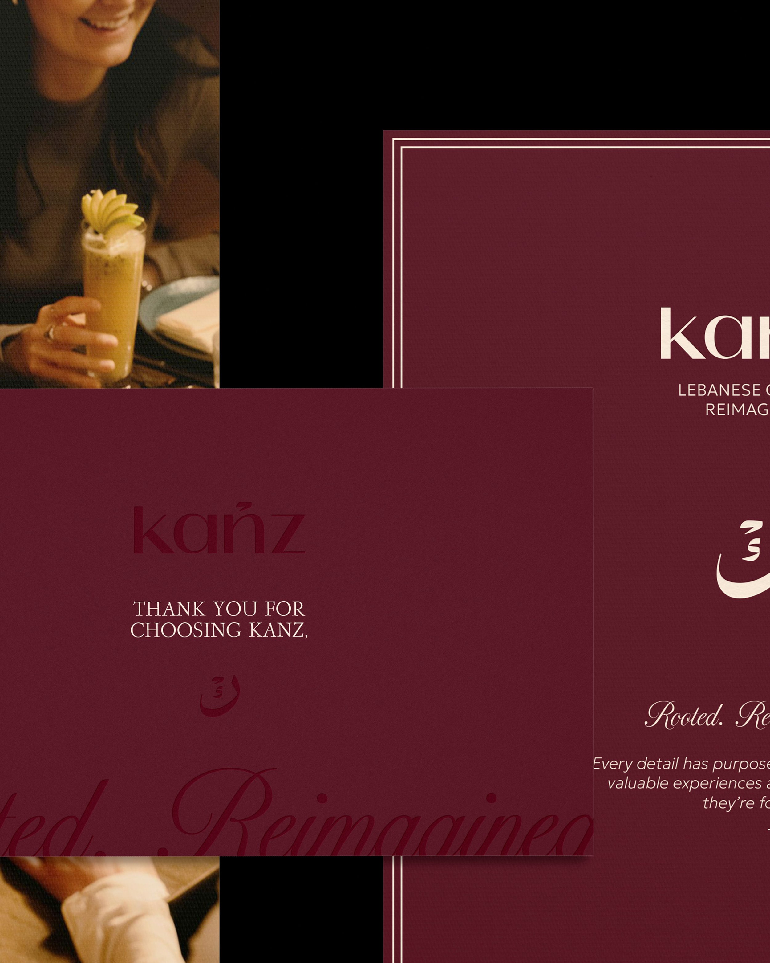 A woman holding a tall glass of tropical drink garnished with banana slices, smiling in a restaurant setting, partially visible with blurred background; accompanying text on maroon background with white border reads 'Thank you for choosing Kanz, Leba