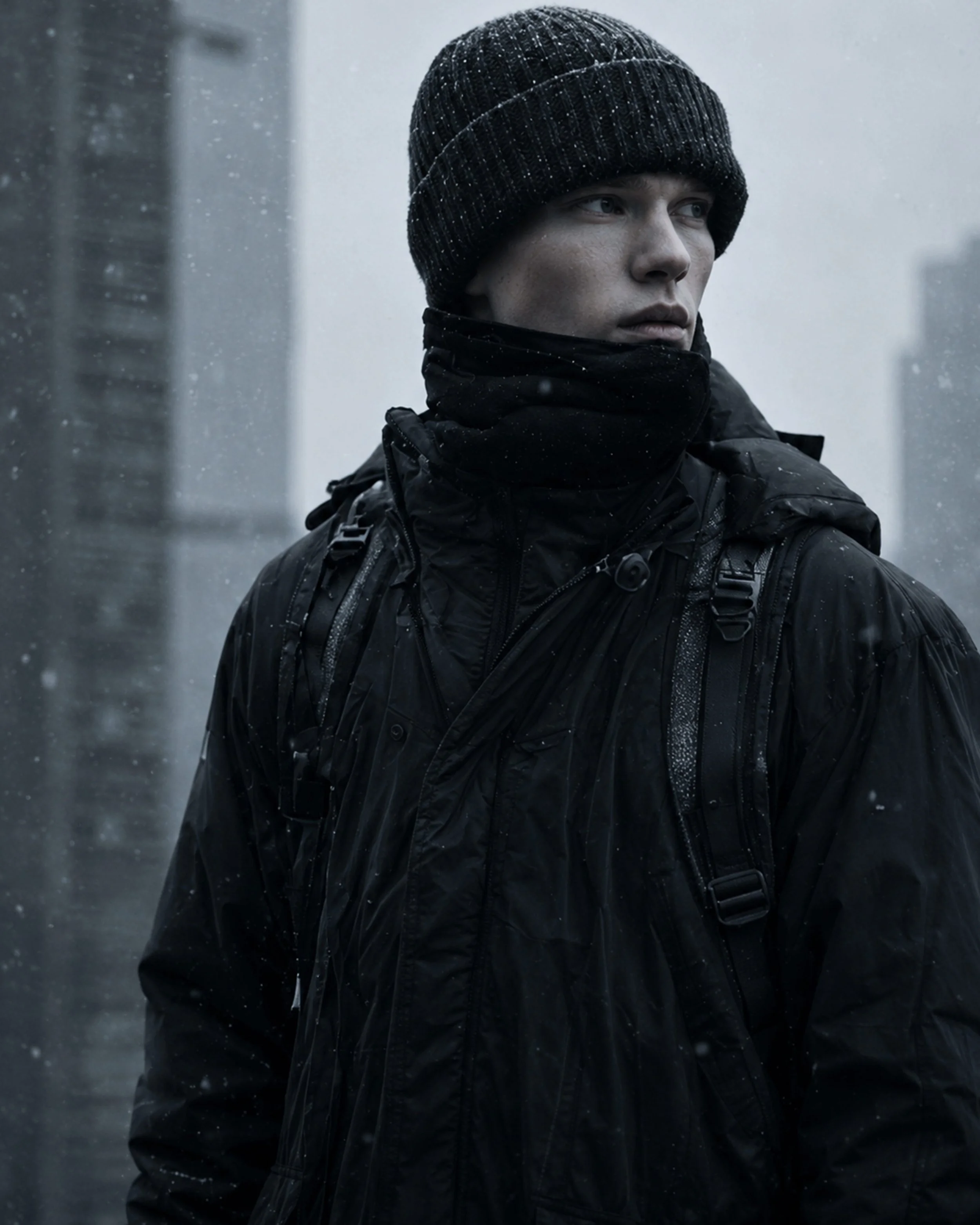 A person wearing a black knit beanie, black jacket, and a black neck gaiter, standing in a snowy, foggy cityscape with tall buildings and snow falling.