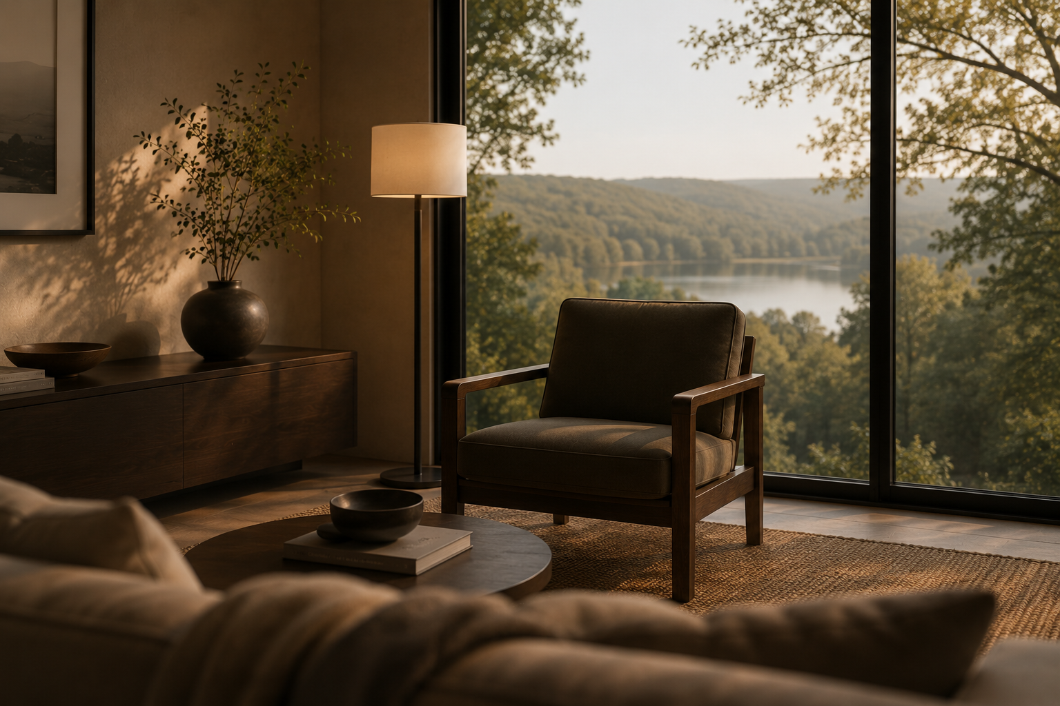 Peaceful living space with warm lighting, comfortable seating, and floor-to-ceiling windows overlooking a scenic landscape.