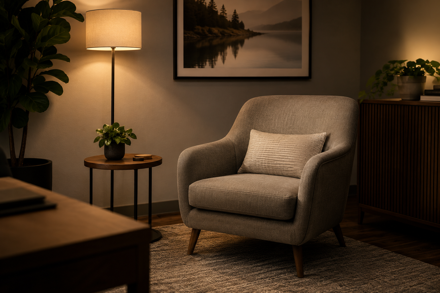 Cozy relaxation space with a comfortable armchair, warm lighting, plants, and calming neutral tones.