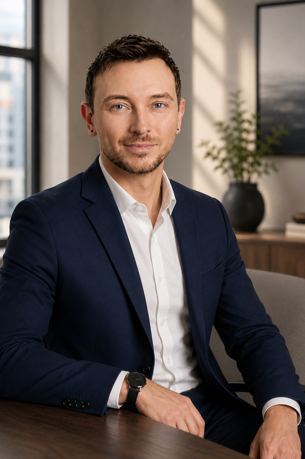 Professional portrait of Maxime Hansen, founder of Hansen Hypnotherapy, seated at a desk wearing a navy suit and white shirt.