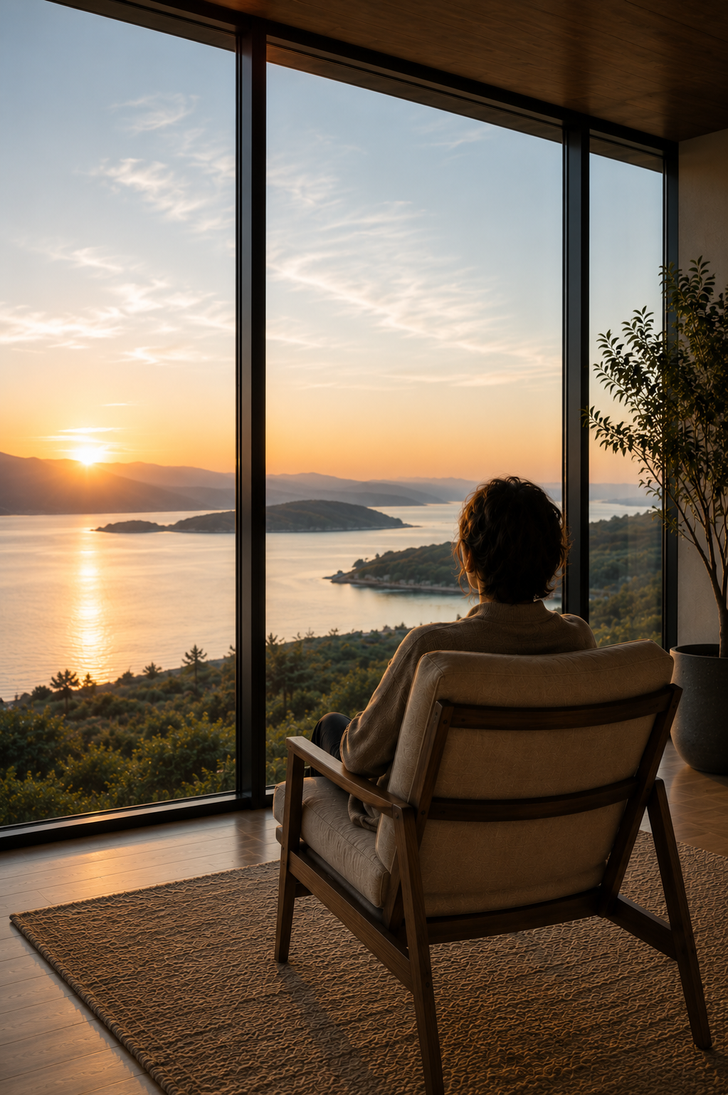 Person relaxing in a comfortable chair beside a floor-to-ceiling window, overlooking a peaceful ocean sunset.