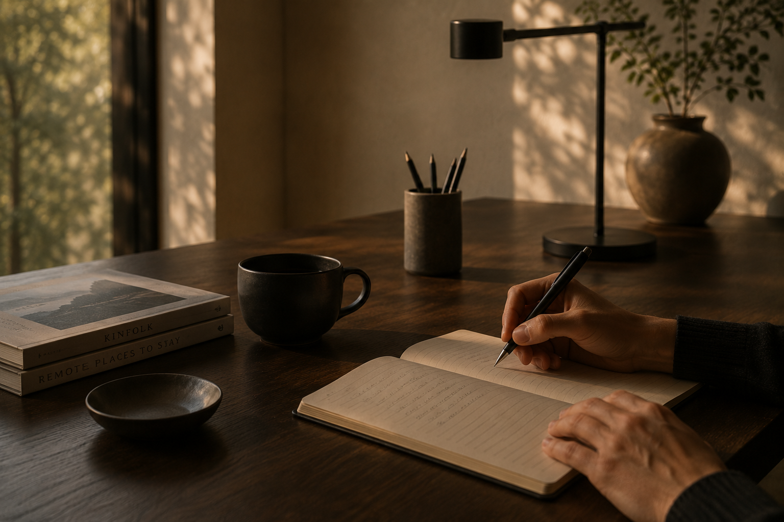 Person writing in an open journal at a wooden desk with a cup of tea, surrounded by warm natural light.
