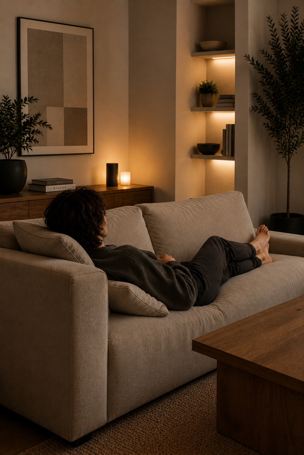 Person resting comfortably on a sofa in a peaceful living room with warm lighting, soft furnishings, and natural decor.