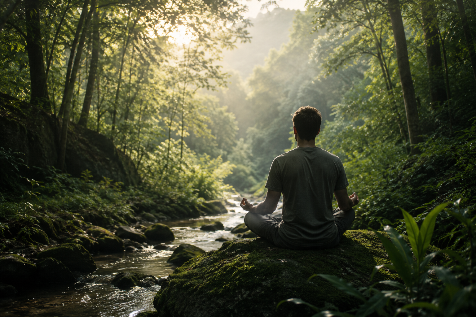 Ein Mann sitzt in einer Meditationshaltung auf einem großen Stein in einem Fluss in einem dichten, grünen Wald bei Sonnenaufgang.