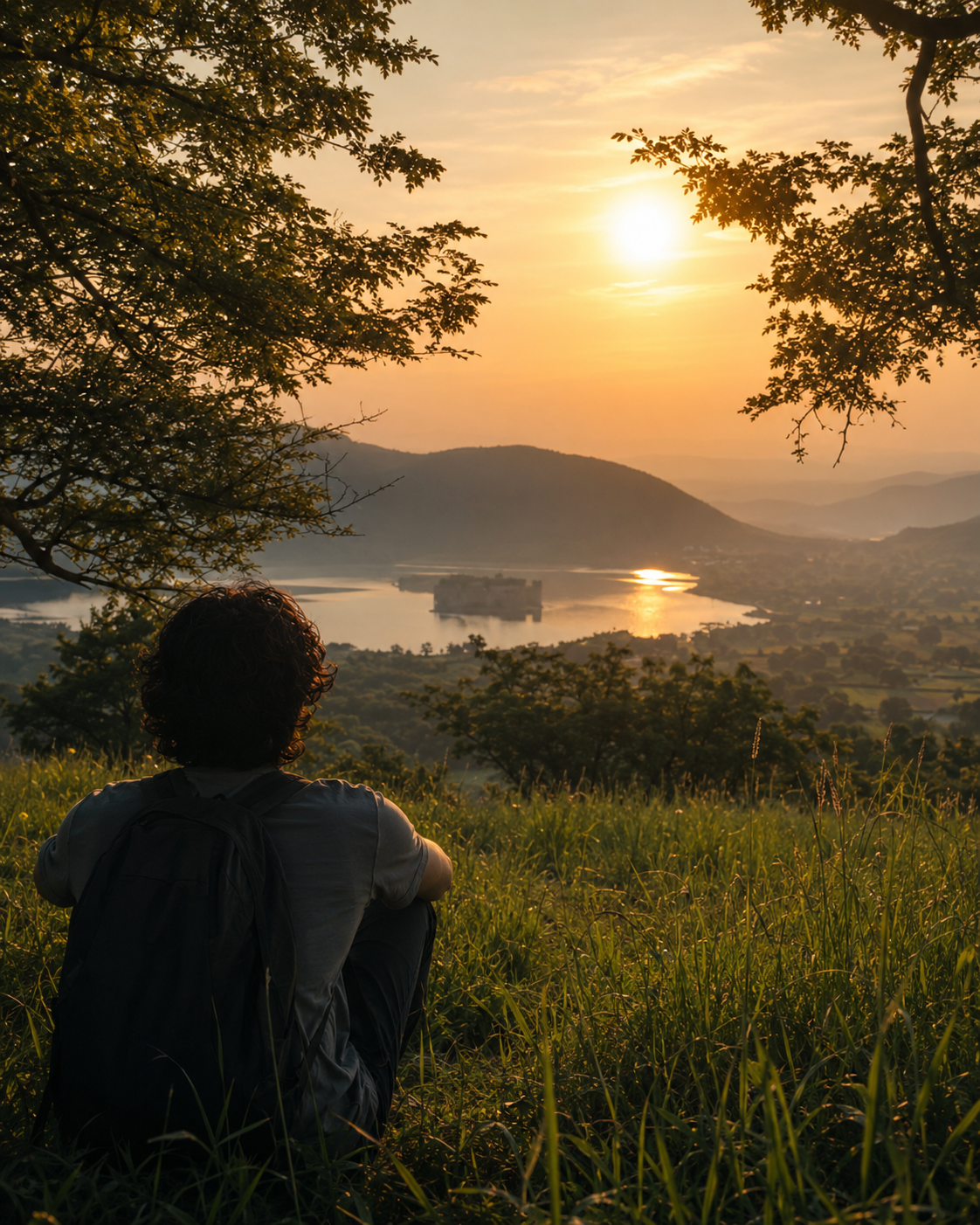 Ein Mann sitzt in einer Wiese und schaut auf einen Sonnenuntergang über einem Fluss und Bergen, umgeben von Bäumen im Hintergrund.