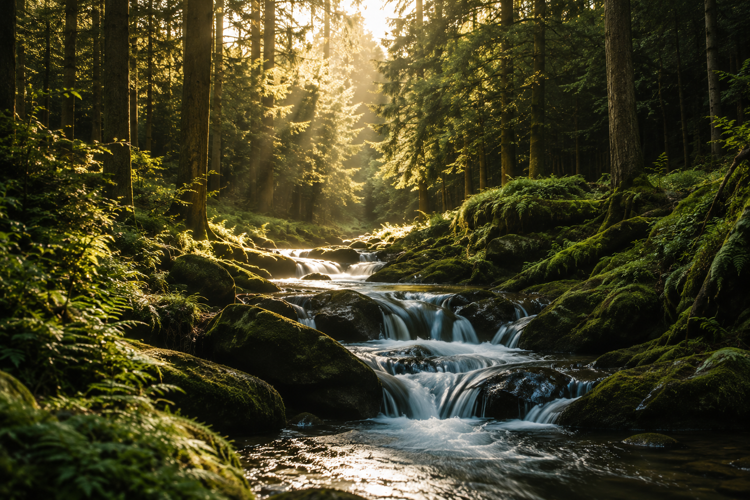 Ein ruhiger Bach in einem grünen Wald mit Sonnenstrahlen, die durch die Bäume scheinen, umgeben von Moosen und Felsen.
