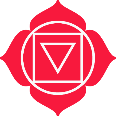 Ein rotes symbolisches Design mit einer stilisierten Blüte, einem Quadrat und einem umkreisten nach unten gerichteten Dreieck in der Mitte.