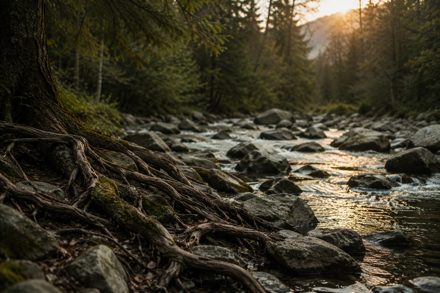 Ein Fluss in einem bewaldeten Gebiet bei Sonnenuntergang, mit Steinen im Wasser und Wurzeln am Ufer.