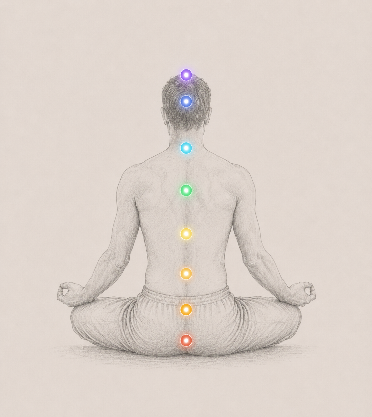 Illustration eines Mannes in Lotus-Sitzhaltung, mit farblich markierten Chakren entlang der Wirbelsäule, beginnend bei roten Chakra am unteren Rücken bis violetten Chakra am Kopf