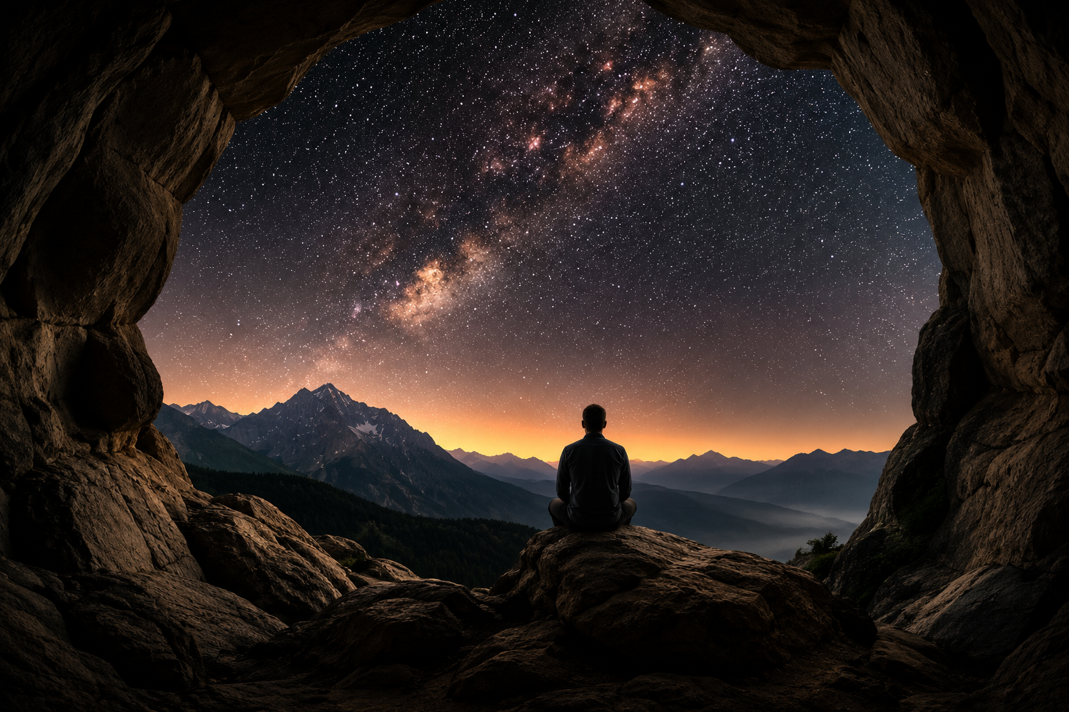 Ein Mensch sitzt in einer Höhle und blickt auf eine Berglandschaft bei Sonnenuntergang mit Blick auf den Nachthimmel und die Milchstraße.