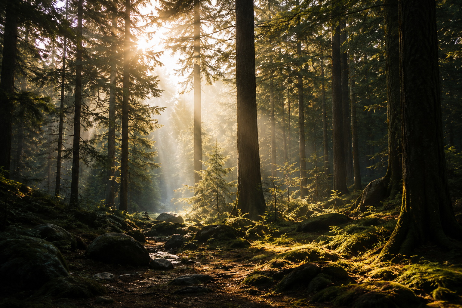 Sonnenschein durchdringt einen dichten Wald mit hohen Bäumen, moosbedecktem Boden und großen Steinen.