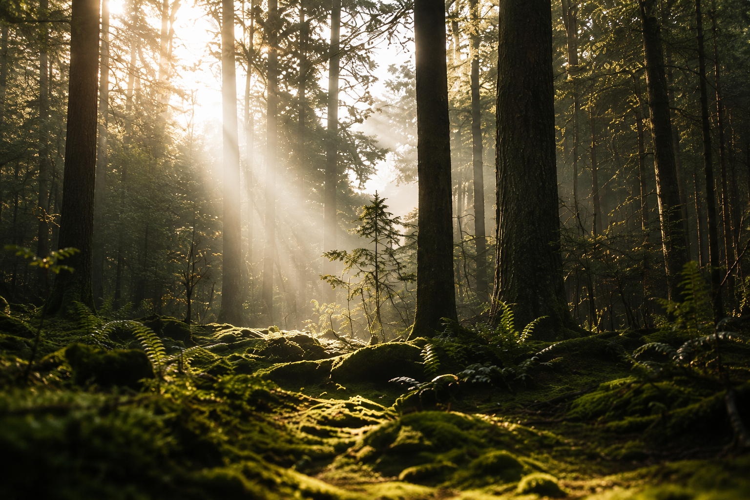 Sonnenstrahlen treffen auf einen alten, moosbedeckten Waldboden mit kleinen Farnpflanzen, umgeben von hohen Bäumen im Morgengrauen.