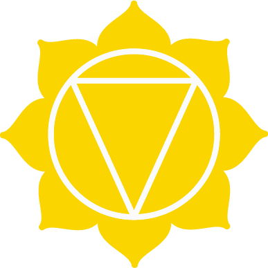 Symbol einer Blume mit einem weißen Kreis und einer umgedrehten weißen Pyramide im Zentrum auf gelbem Hintergrund.