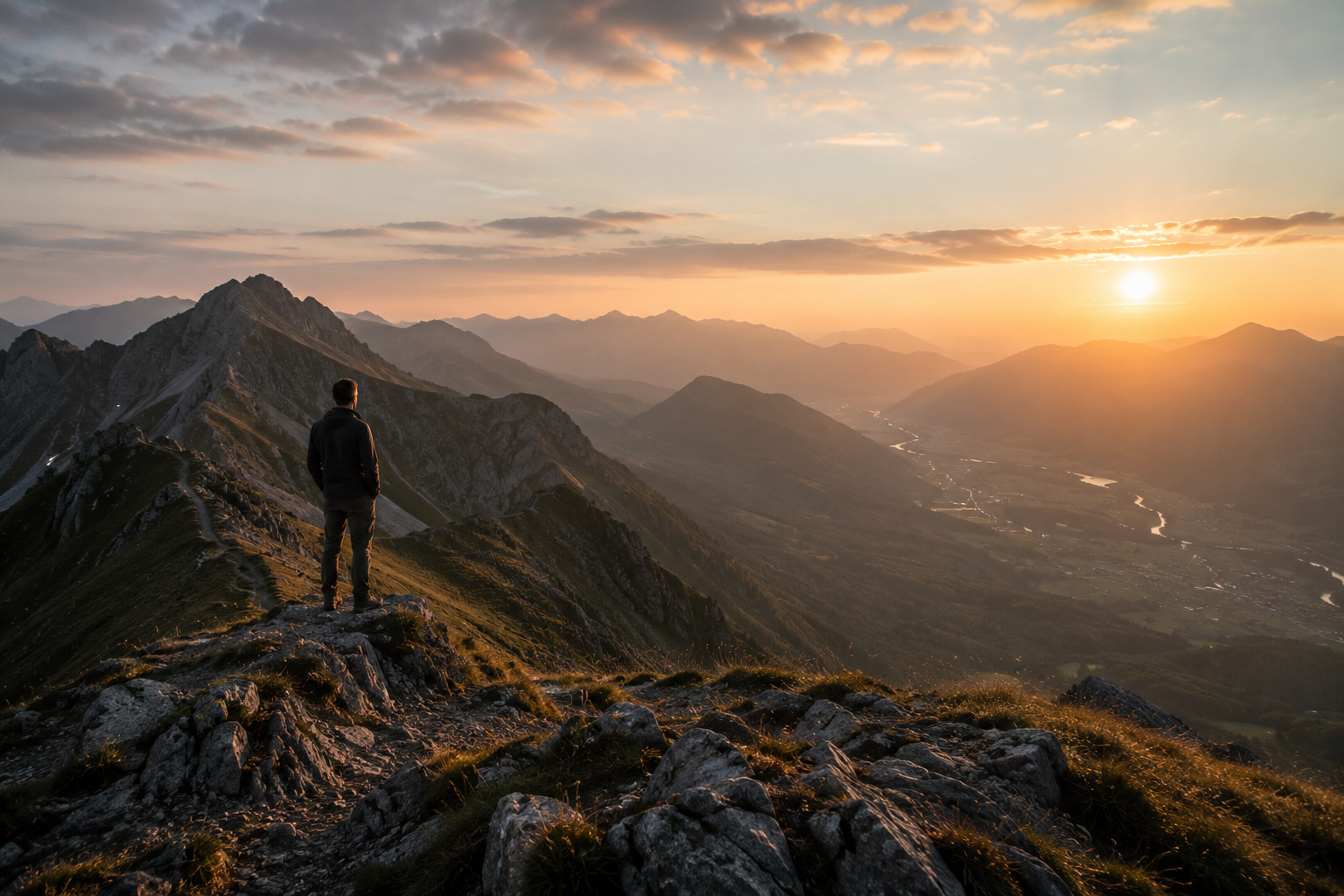 Ein Mann steht auf einem Berggipfel bei Sonnenuntergang und blickt auf das Tal und die umliegenden Berge.
