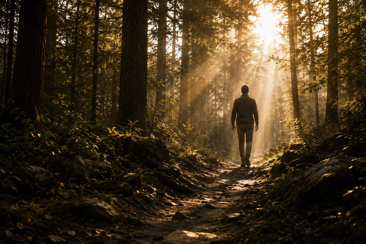 Ein Mann wandert auf einem schmalen Waldweg in einem Sonnenlicht durchfluteten Wald.