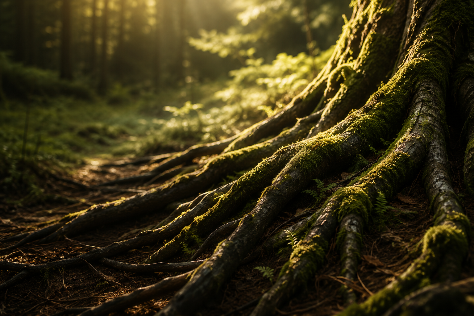Baumstümpfe im Sonnenlicht in einem Wald, bedeckt mit grünem Moos.