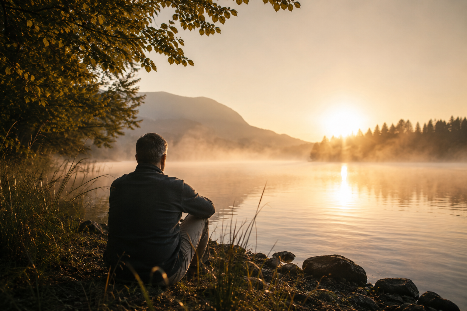 Ein Mann sitzt am Ufer eines ruhigen Sees bei Sonnenaufgang, umgeben von Bäumen und Bergen.
