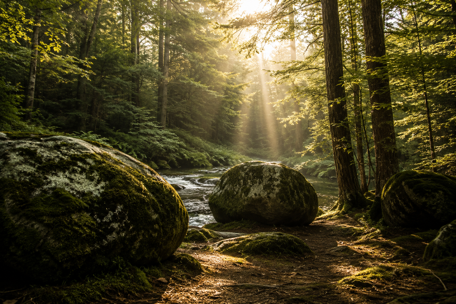 Sonnenstrahlen fallen durch einen grünen Wald auf einen Bach mit großen Moosbedeckten Steinen.