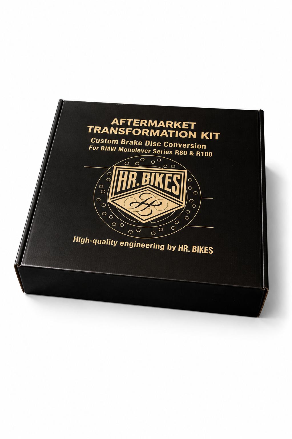Black box labeled 'Aftermarket Transformation Kit' for BMW Monolever Series R80 and R100, by HR. BIKES.