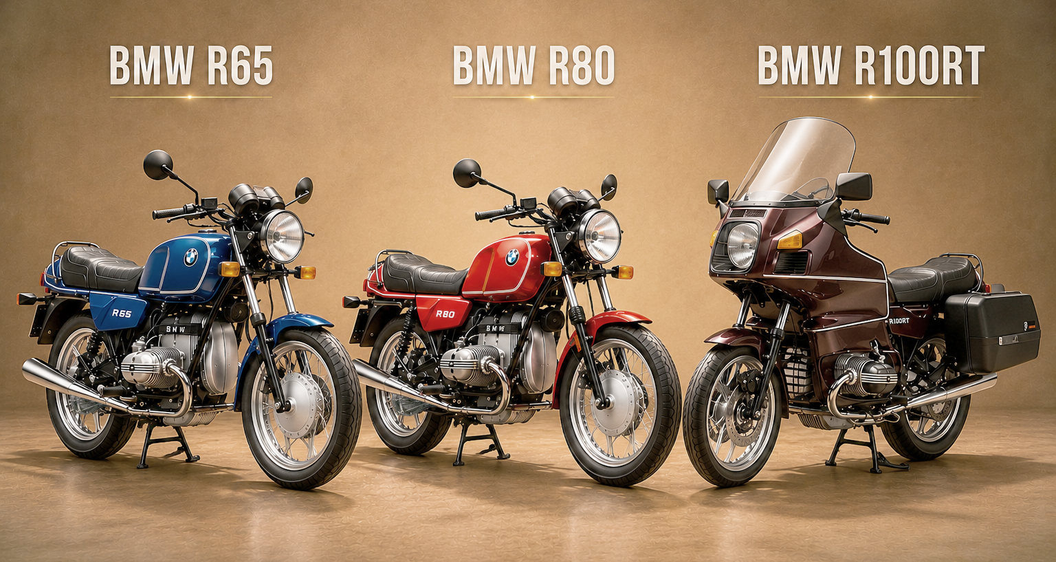 Comparison of three BMW motorcycles: blue BMW R65, red BMW R80, and brown BMW R100RT with windshield and saddlebags, all displayed against a beige background with labels above each model.