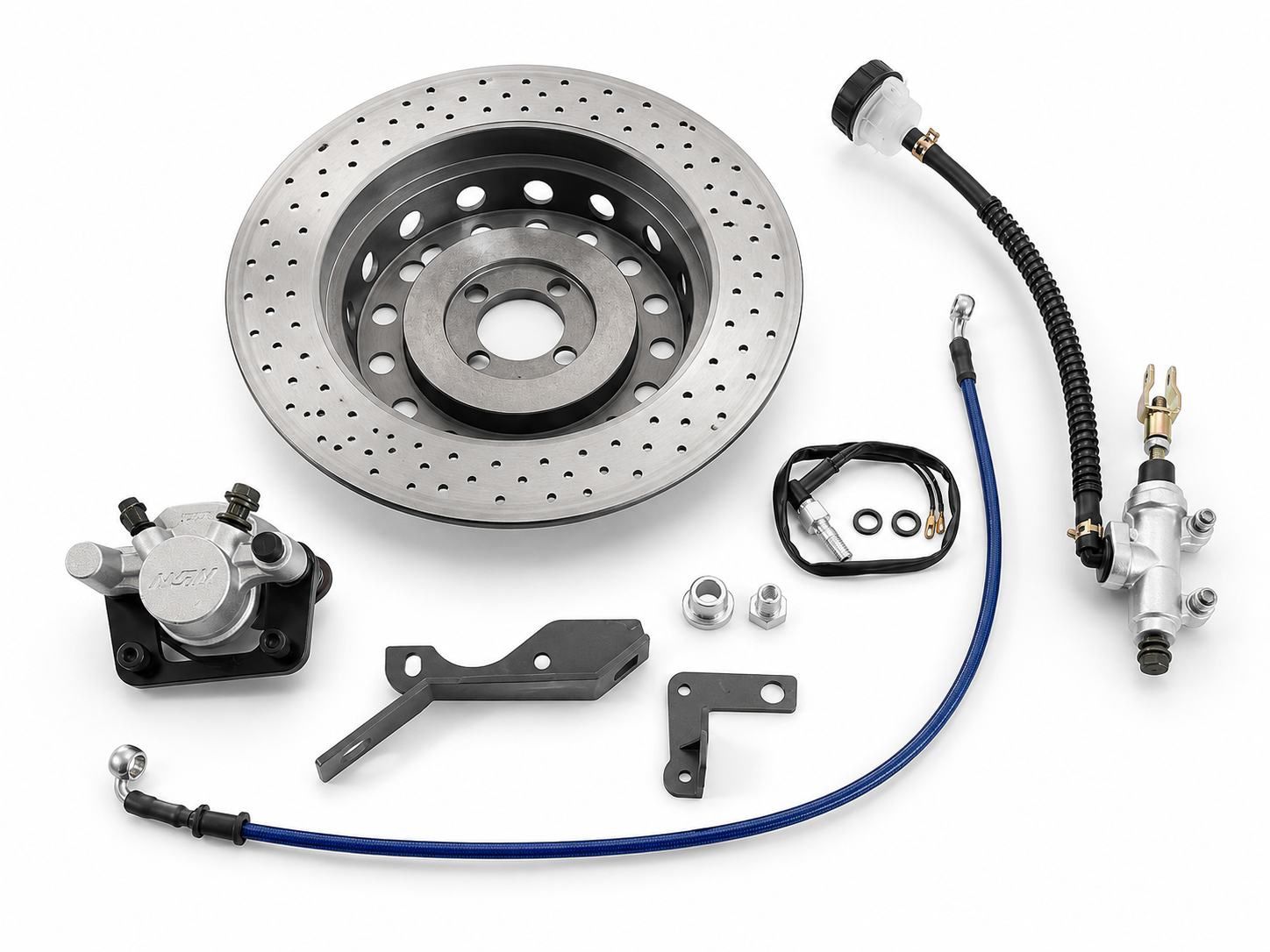 Set of automotive performance parts including a drilled brake rotor, brake caliper, and various hoses and fittings.