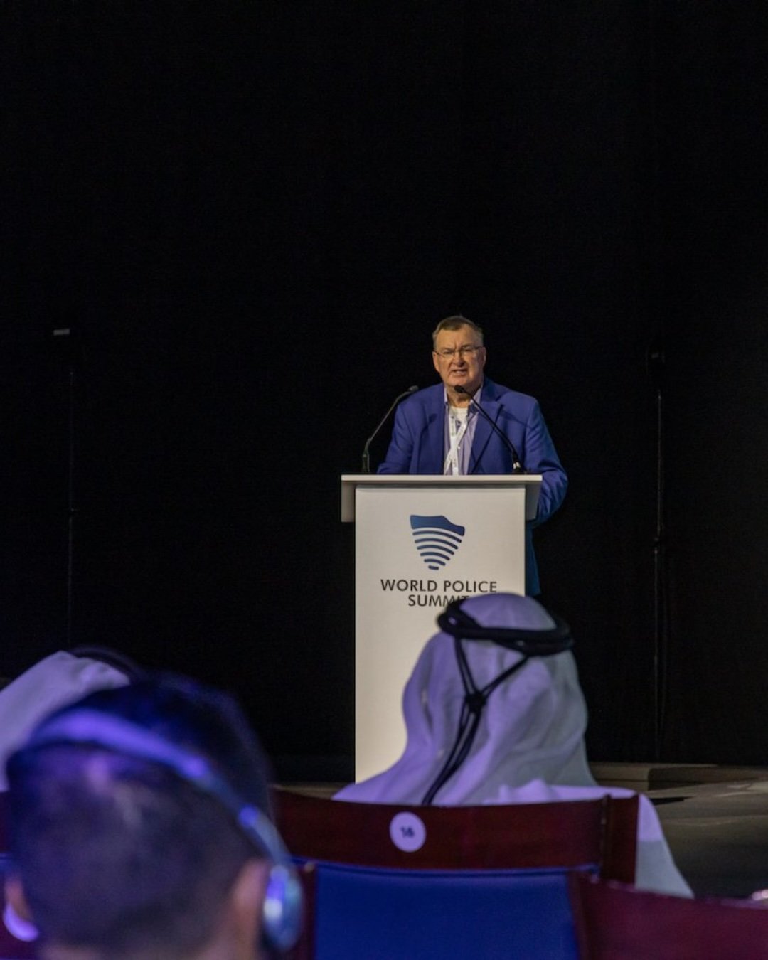 Bobby Kipper speaking at the World Police Summit in Dubai.