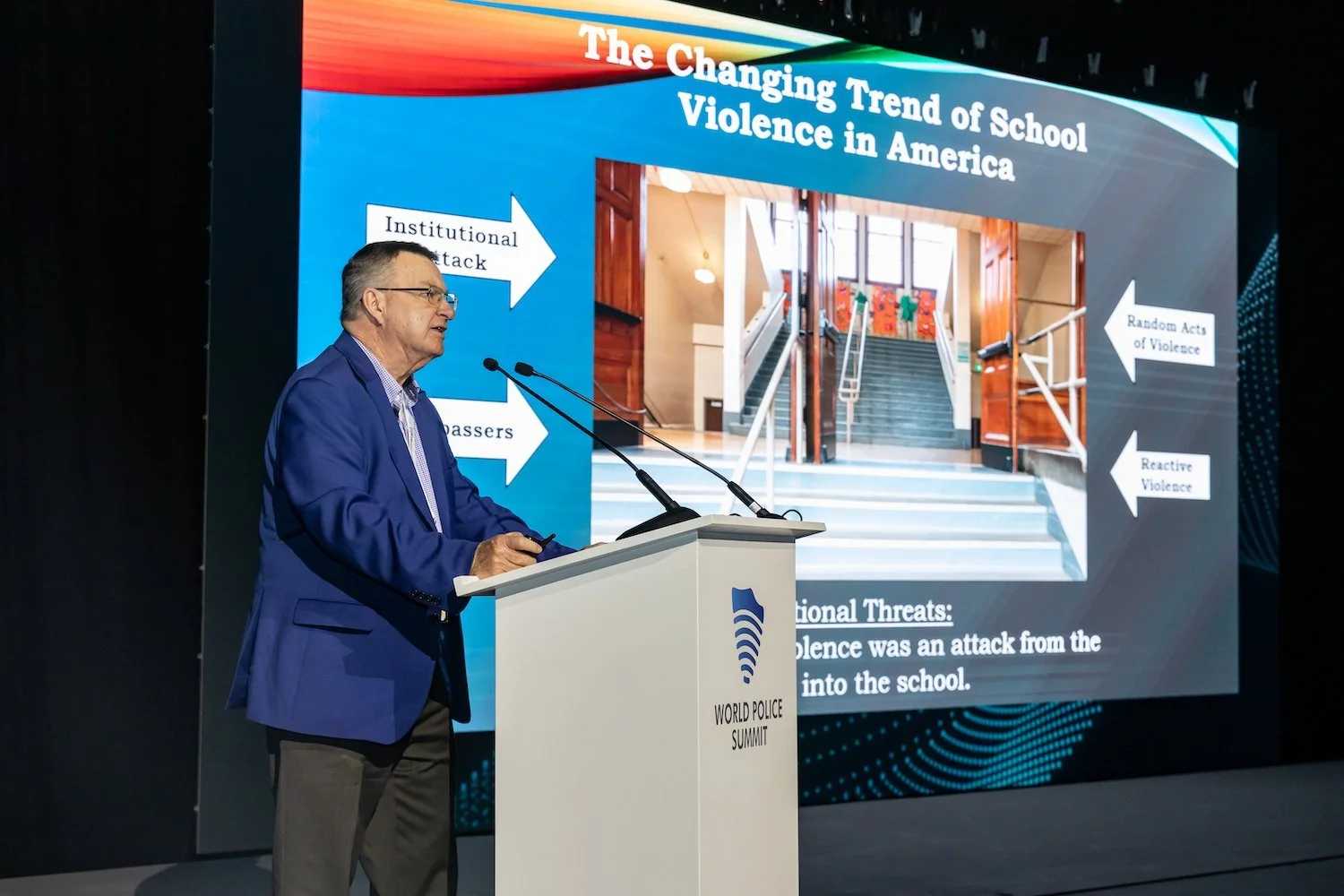Bobby Kipper presenting on school violence trends at the World Police Summit in Dubai.