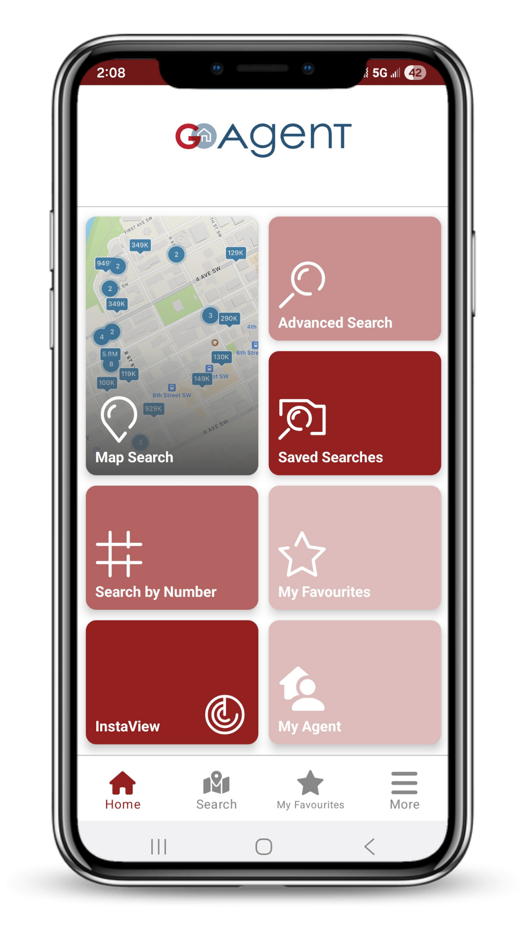 A smartphone displaying the GAgent app home screen with options for map search, advanced search, saved searches, search by number, my favorites, InstaView, and my agent, along with a map showing property listings.