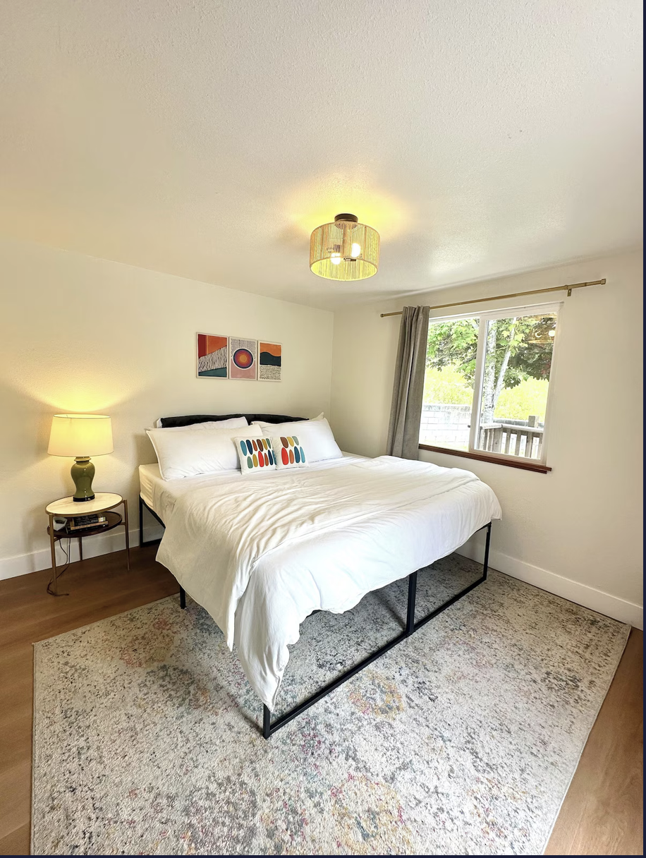 Bedroom with a king-size bed with white bedding and decorative pillows, a side table with a lamp and an alarm clock, a window with grass outside, a ceiling light, and artwork on the wall.