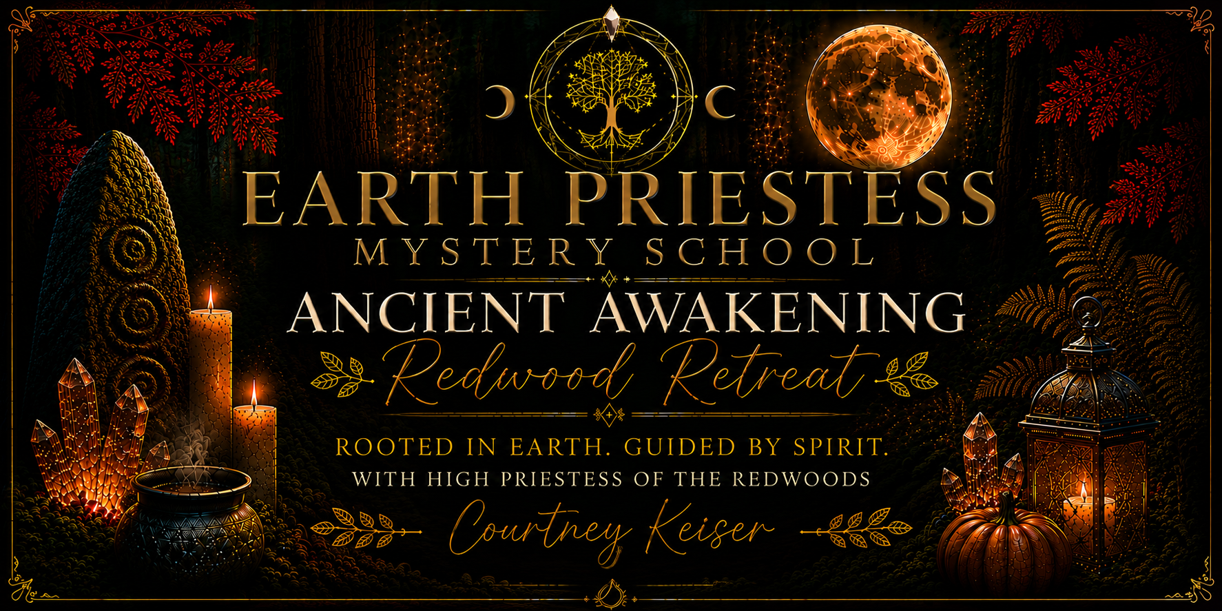 Dark forest scene with glowing orange candles, crystals, a pumpkin, and ornate lanterns. Decorative red and orange leaves and mystical symbols, including a moon and planetary shapes, frame the image."