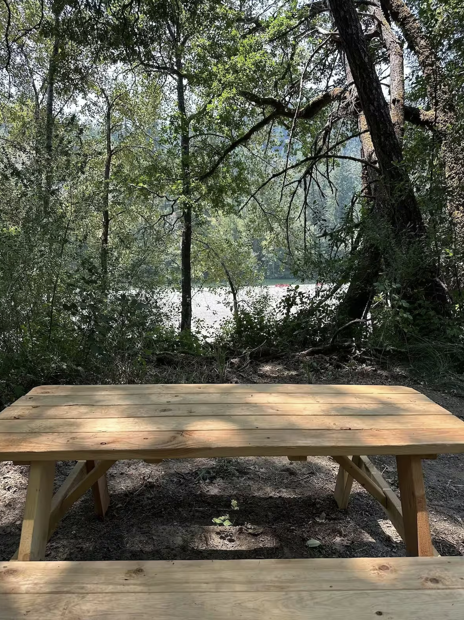 A wooden picnic table in a forest clearing with a lake visible through the trees in the background.