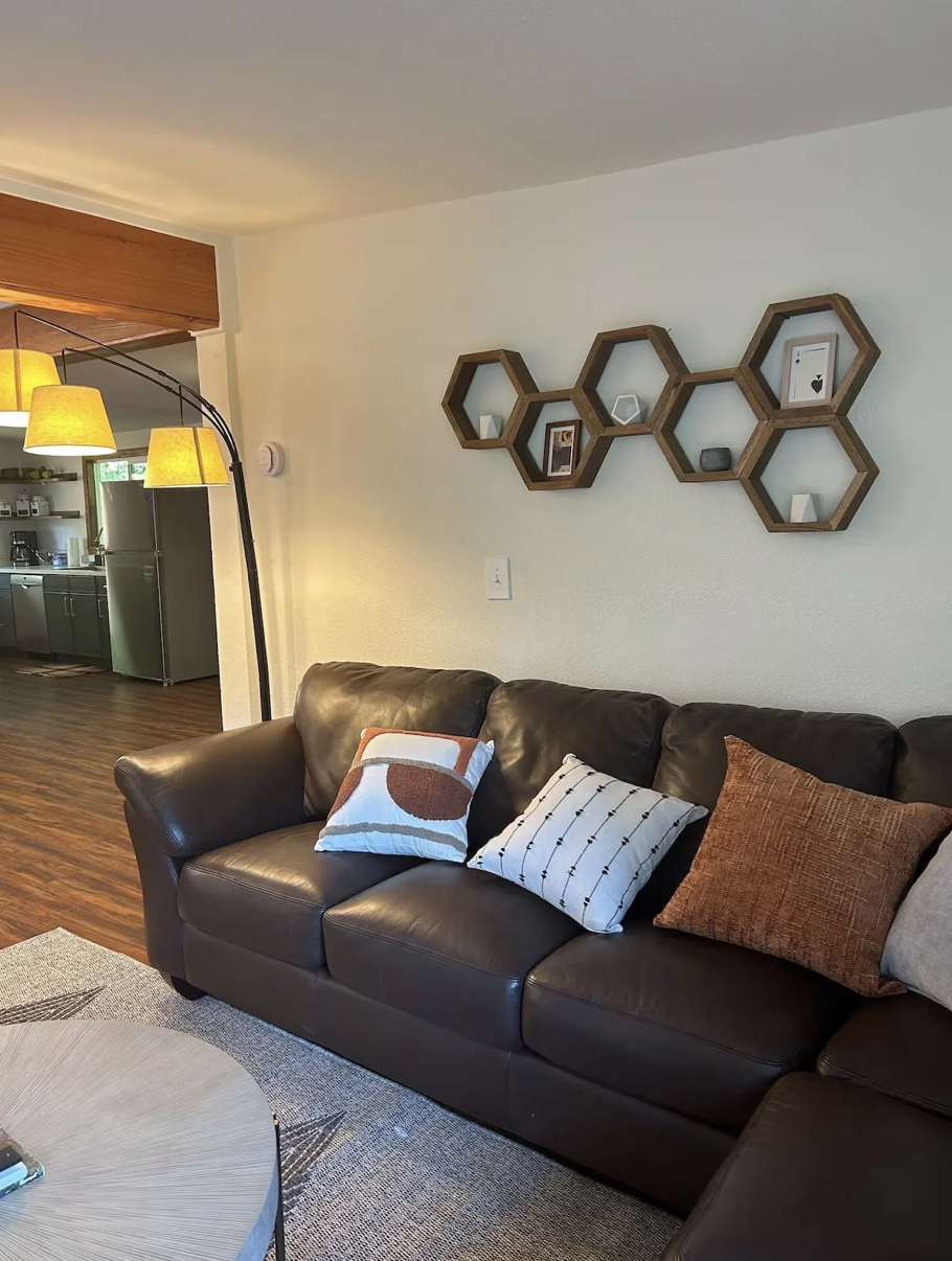 Living room with a dark leather sofa decorated with three pillows; one with a round brown patch, another with black arrows, and another with a brown textured cover. Behind the sofa is a white wall with a wooden honeycomb-shaped shelf holding small de