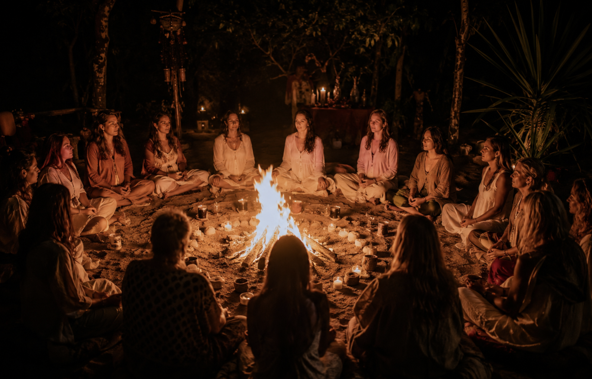 A group of women sitting cross-legged around a campfire at night in a wooded area, with candles and traditional decorations, signifying a spiritual or ritual gathering.