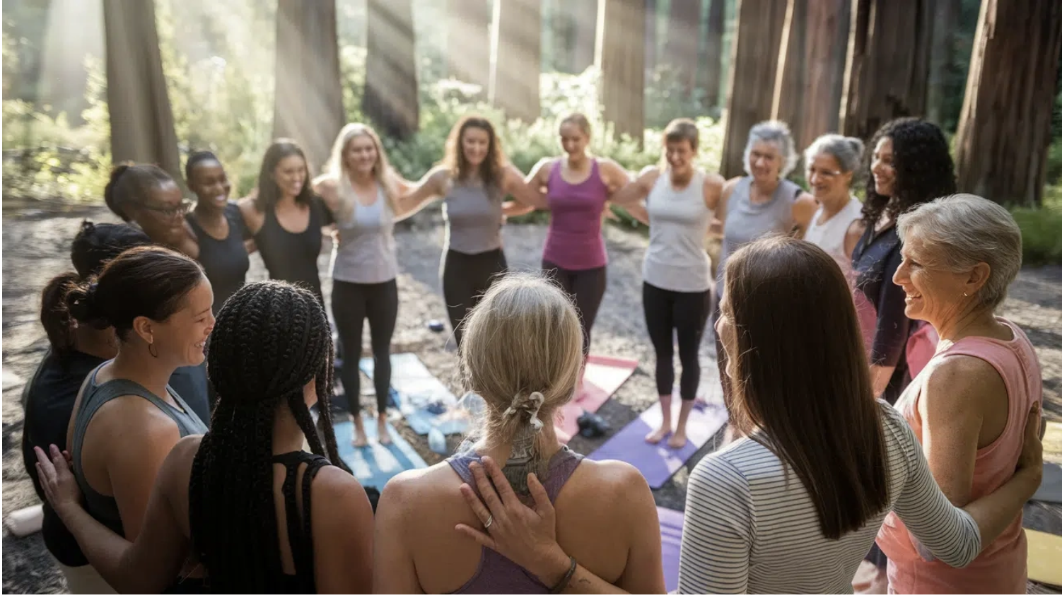 A group of women standing in a circle outside, holding hands, and smiling during a yoga or meditation session in a wooded area with sunlight filtering through trees.