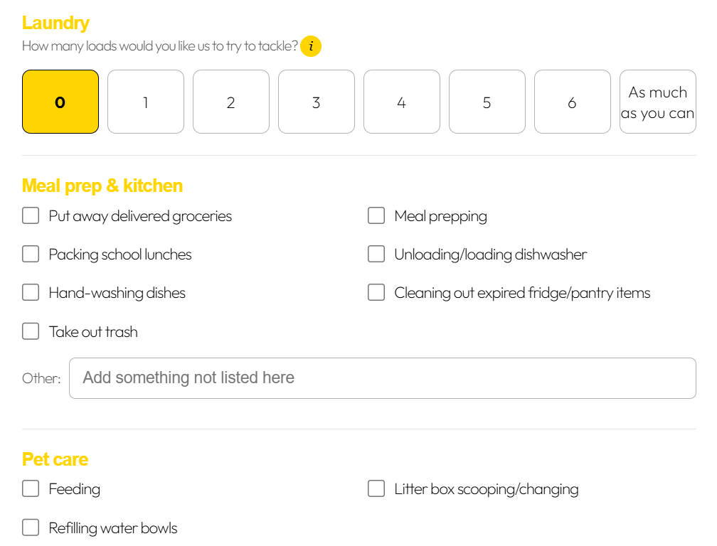 Sample screen from Lemondrop's online booking form, where housekeeping tasks can be selected. The image shows various kitchen and pet care tasks which may be selected, as well as a number line where desired loads of laundry can be selected.